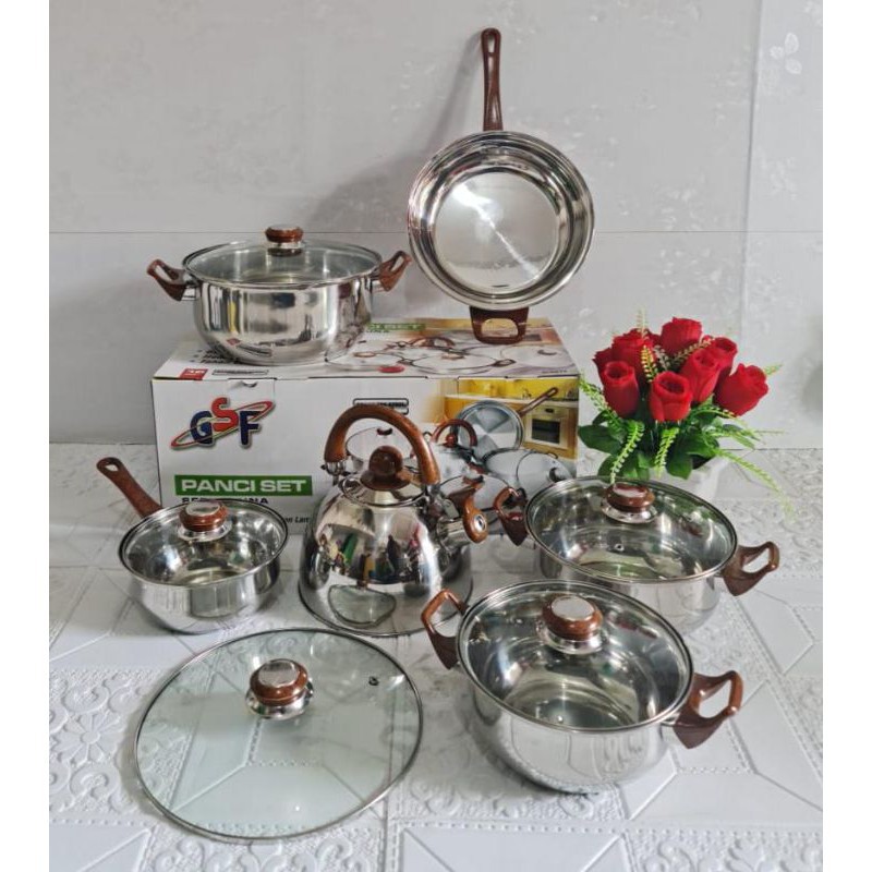 Panci Set Stainless stell / Paket murah isi 12Pcs / Cookware kompor induksi 4212