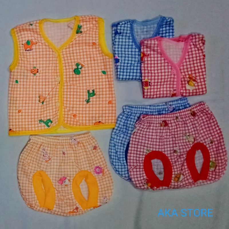 3 Set 6 pcs Baju celana bayi motif kotak murah