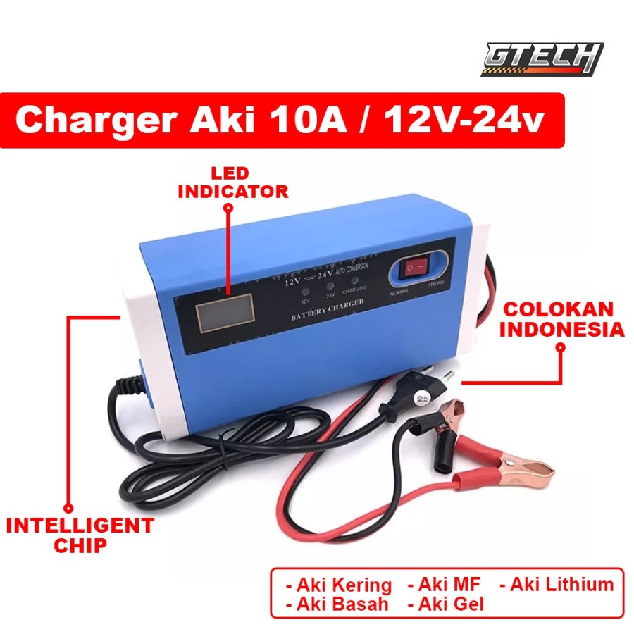 Charger Aki Portable 10A 12V 24V Motor Mobil Casan Accu Sparepart Motor Mobil Carger Indikator LCD