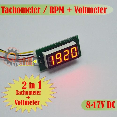 Tachometer RPM & Voltmeter 2 in 1 NON FRAME Digital Volt meter DC 8-17V Motor & Mobil LED RED MERAH