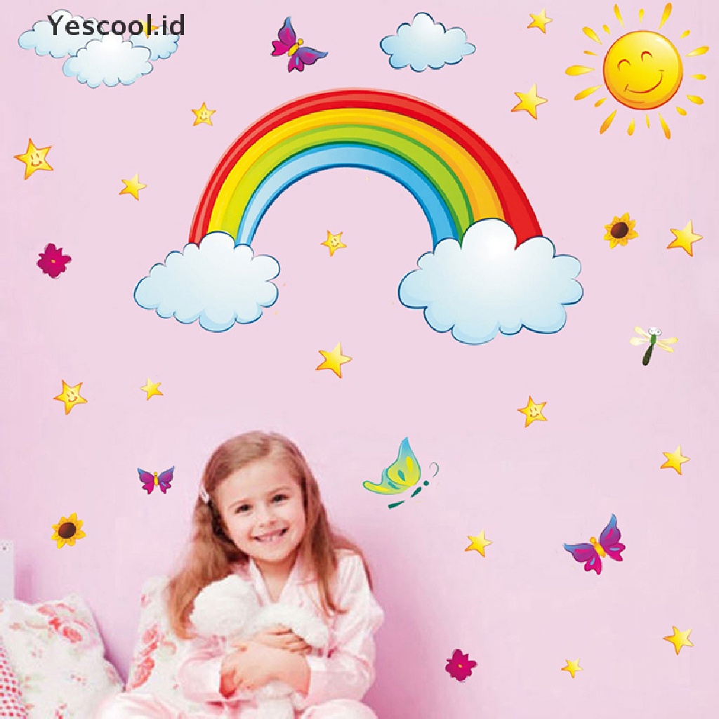 【Yescool】 Pretty Shining Stars On Rainbow Cloud Butterflies Wall Stickers Room Decor Decal .