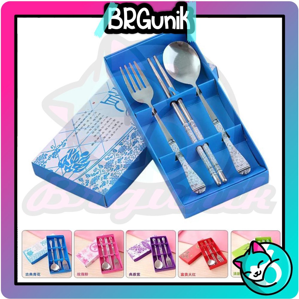 BRGUNIK Sendok Garpu Sumpit Set 3 in 1/ Alat Makan Set Stainless / Souvenir / Sendok Garpu R050