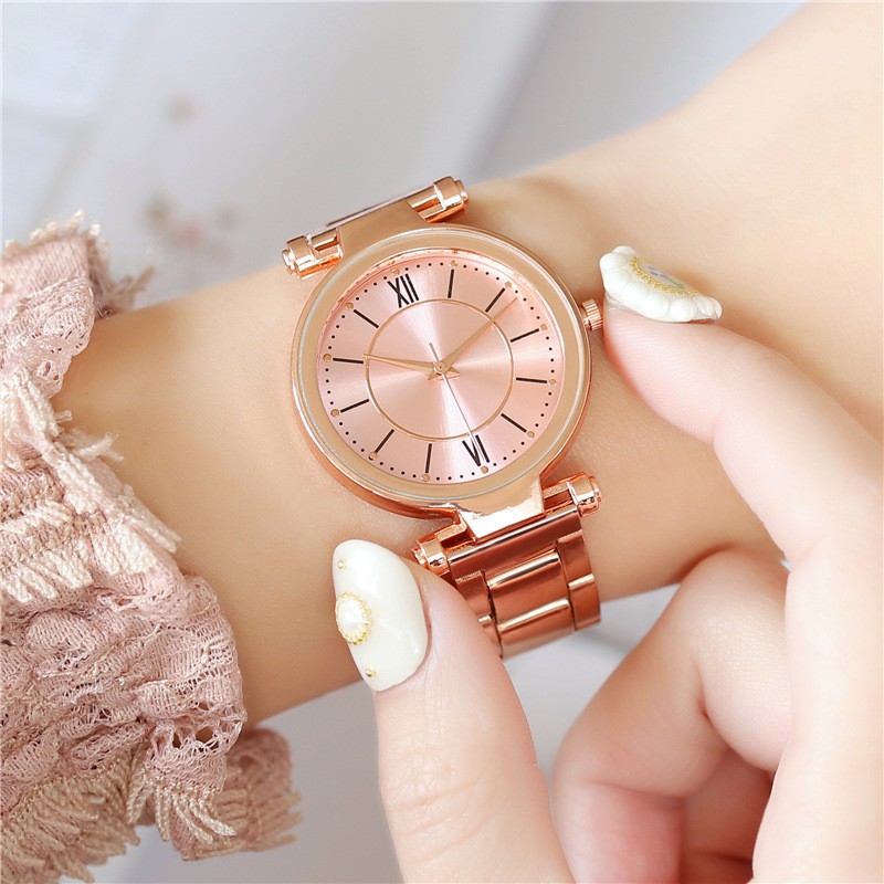 Jam Tangan Quartz Analog Dial Bulat Casual Strap Stainless Steel Untuk Wanita Import