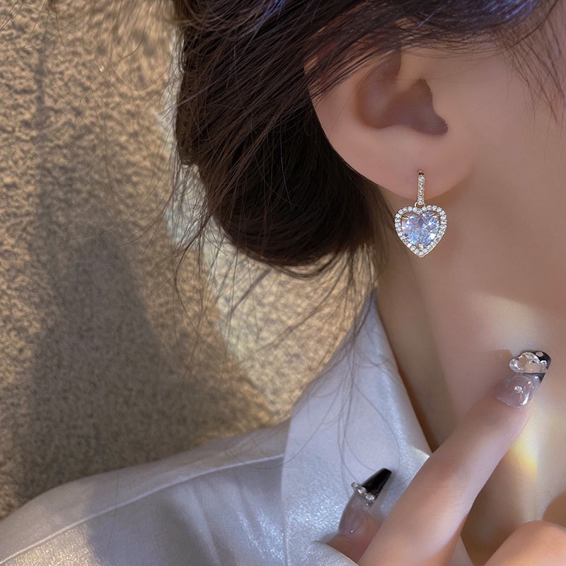 Anting Tusuk Sterling silver 925 Desain Hati Hias Zircon Besar Mewah Untuk Wanita