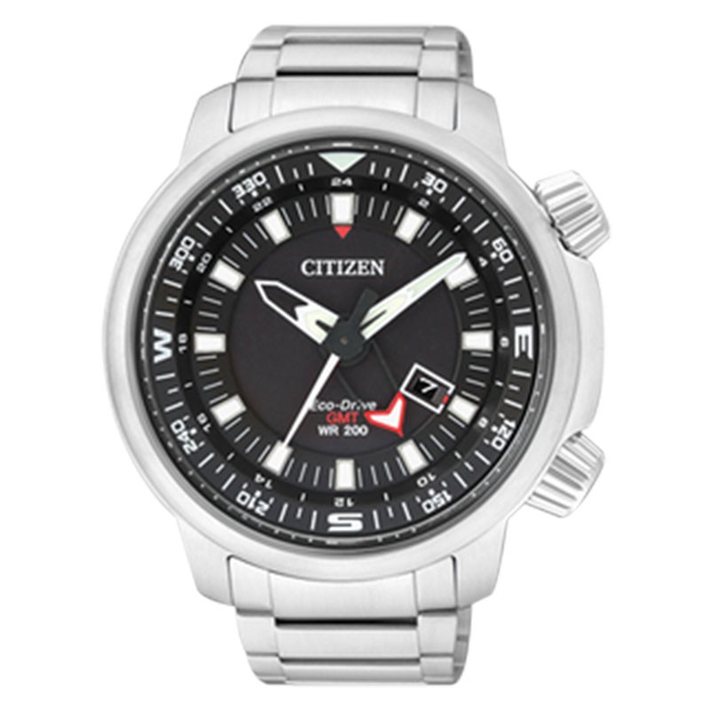 Jam Tangan Pria Citizen BJ7081-51E Eco Drive GMT WR 200 Black Dial Stainless Steel Bracelet