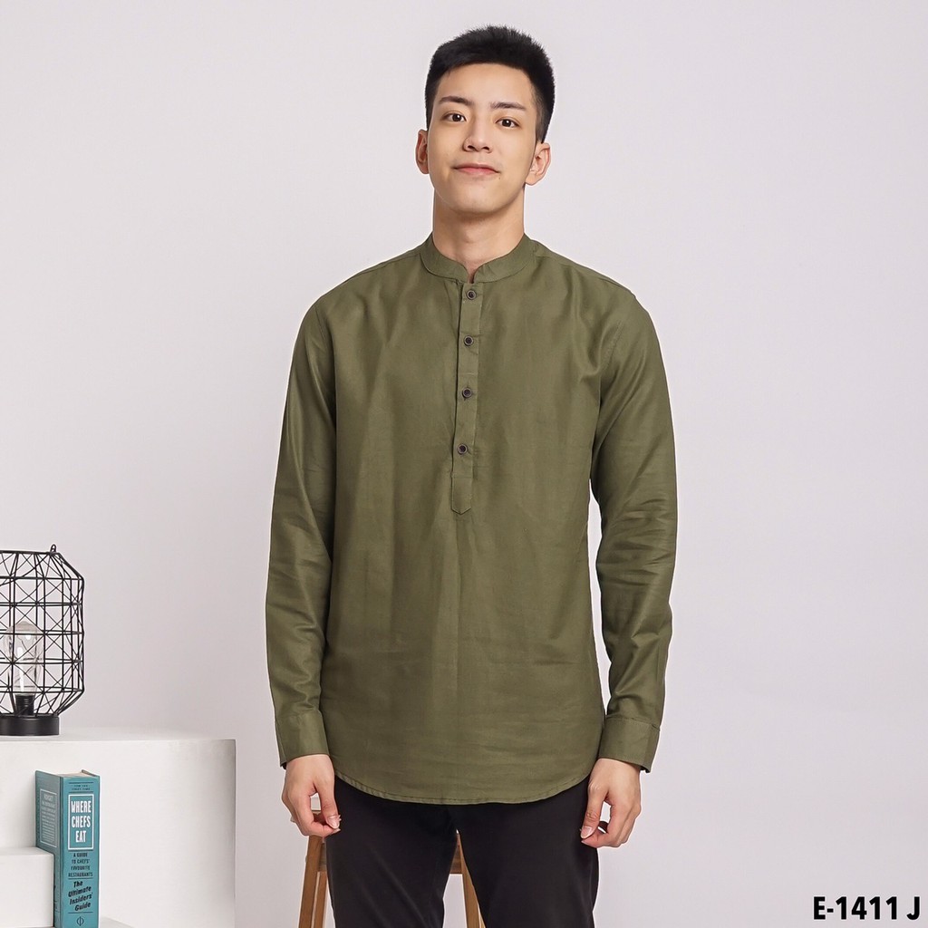 Kemeja pria lengan panjang kerah koko shanghai | kemeja koko lengan panjang hijau