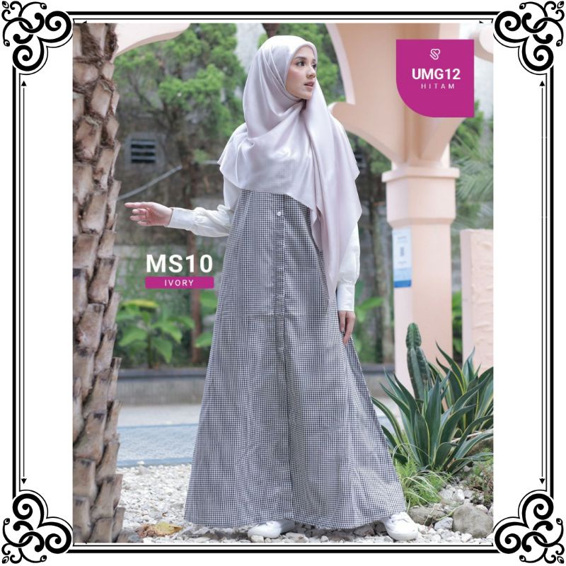 Gamis Remaja Kekinian 2022 Gamis Katun Jepang Motif Kotak Kotak Monokrom Hitam Putih Kancing Depan B