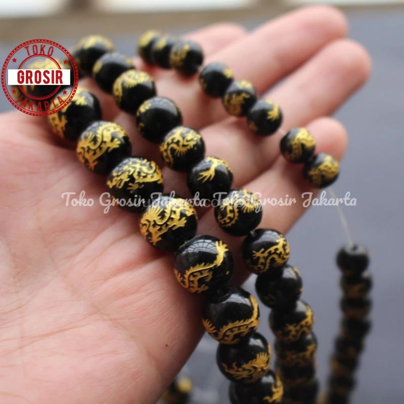 Bahan Gelang Batu Tibet Motif Naga Emas Premium Quality 8 mm 10 mm