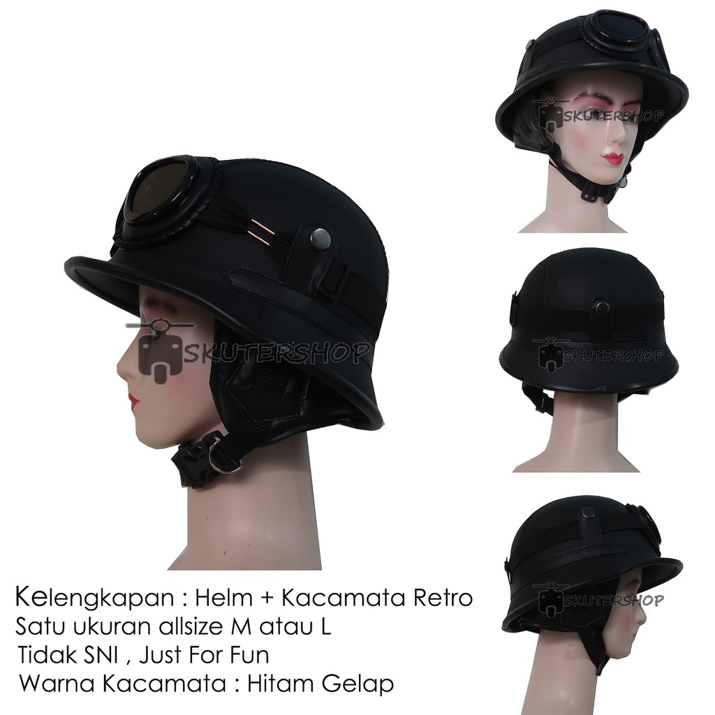 Skutershop Helm Retro Klasik Perang Dunia Nazi Hitam + Kacamata Retro