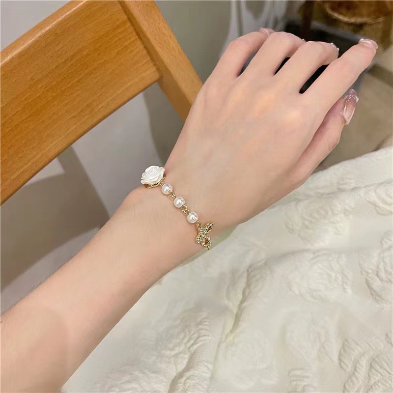 Gelang Silver Hias Mutiara Bunga Model Simple Untuk Wanita