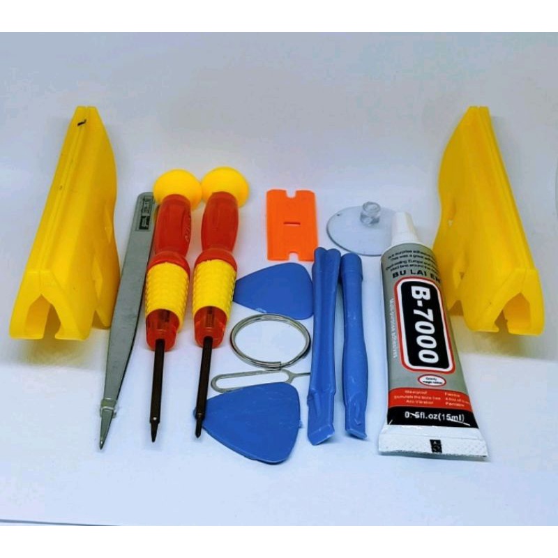 PAKET KOMPLIT OBENG SET 10 IN 1 TOOLSET OBENG HP + PLUS JEPITAN LCD TOUCHSCREEN 2PCS + LEM B7000 15M