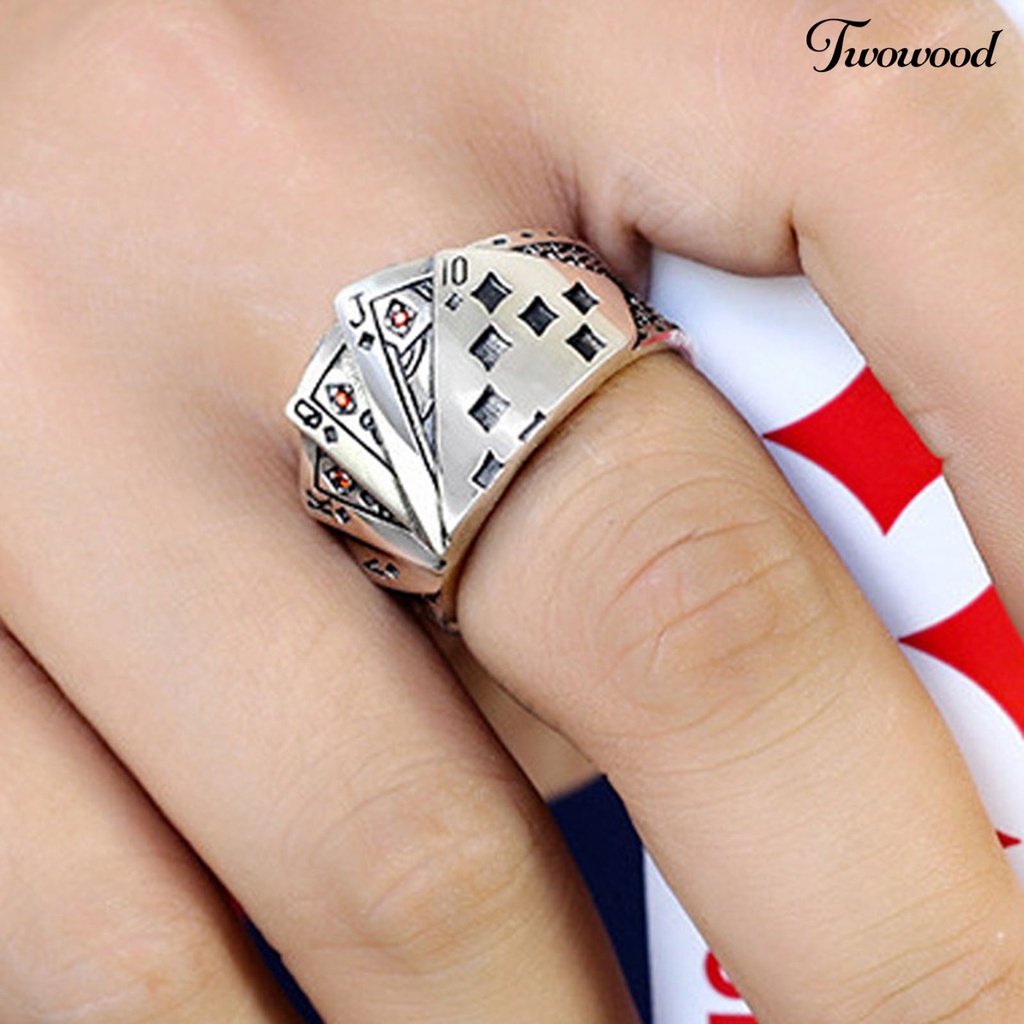 Cincin Model Terbuka Adjustable Desain Kartu Poker Lapis Silver Gaya Punk Untuk Pria