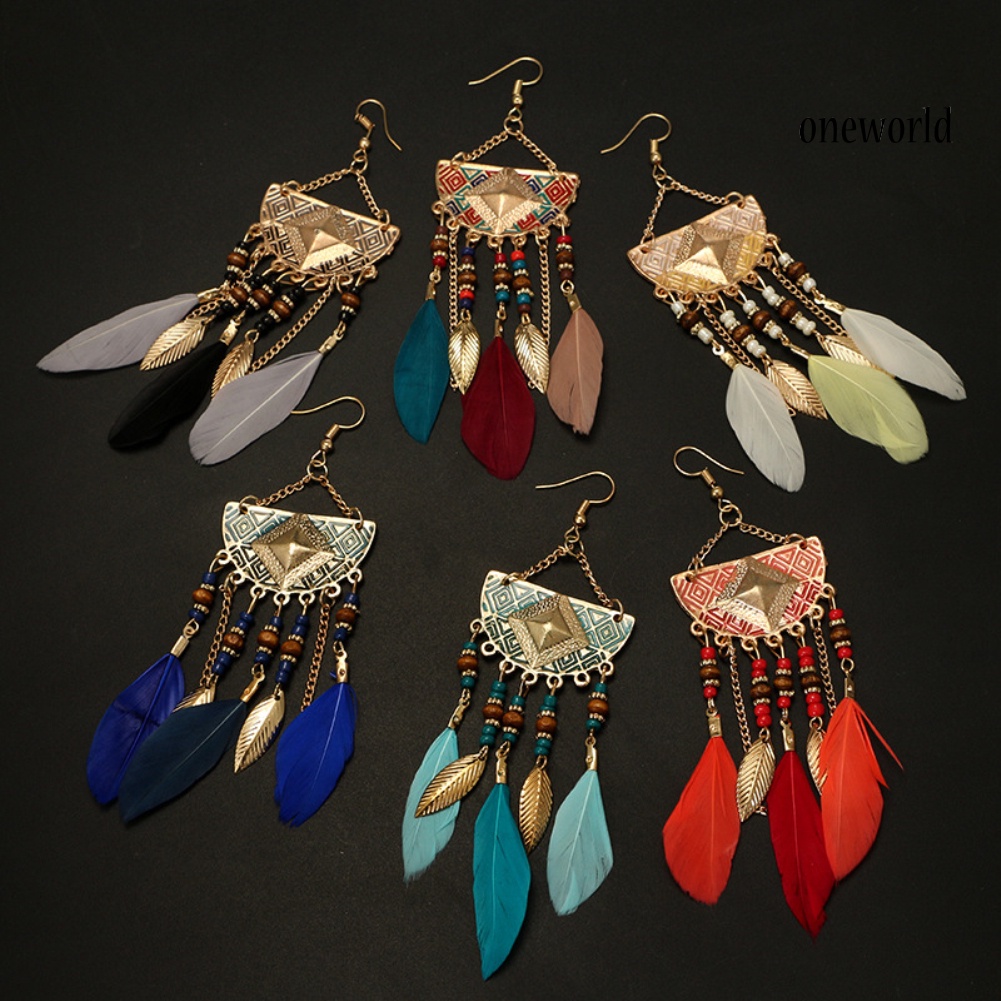 OW@ Bohemian Women Fan Shaped Beaded Tassel Feather Statement Hook Earrings Jewelry