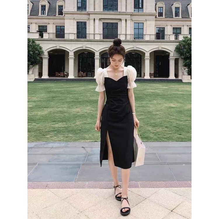 #53 Dress Wanita Korea Midi Long Dress Puffy Sleeves Motif Polos (M/L/XL)