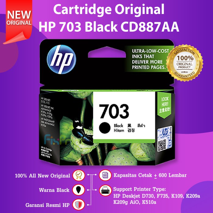 Cartridge HP 703 Black CD887AA Tinta Printer D730 K209a K109a K510a K209g K510a Original