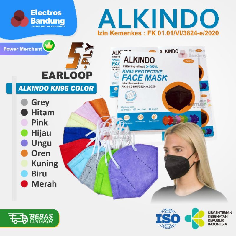 Masker KN95 Alkindo Warna Warni 5 Ply 1 Box isi 10 Pcs KN95 Medis Original Kemenkes RI - Termurah