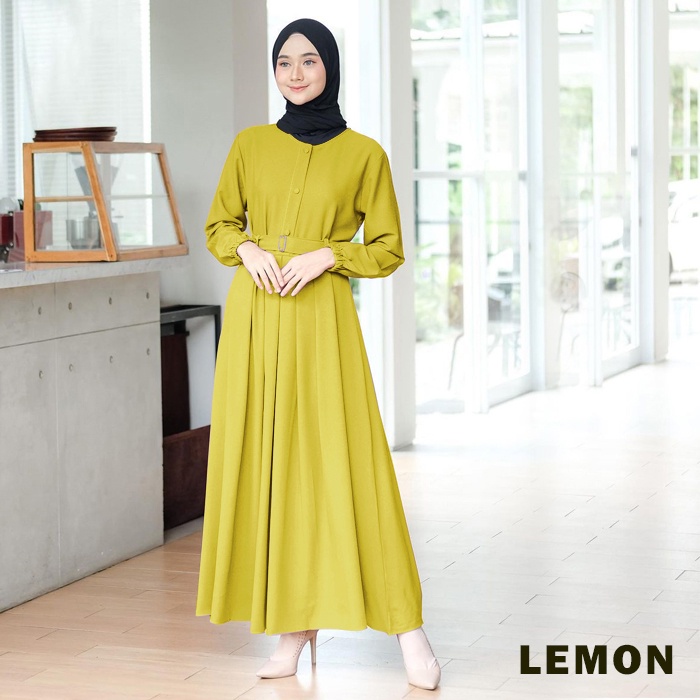 Gamis Terbaru Long Aluna Maxi Dress Kondangan Wanita Muslim Syari Remaja Murah Kekinian Terbaru 2021 BUSUI BUMIL DRESS MOSCREPE-LEMON+BELT