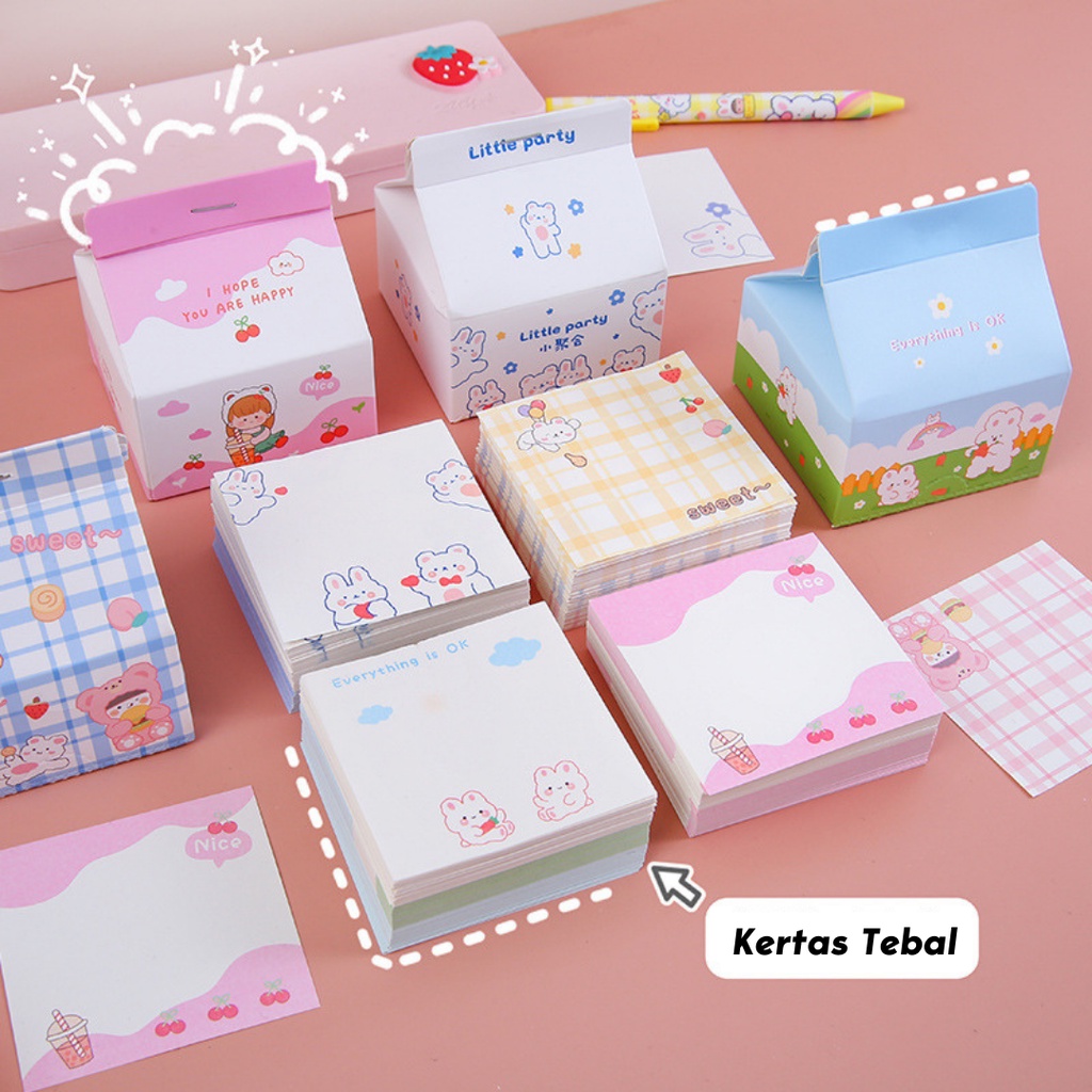 MYKOCHEN.INA Sticky Note Memo Pad Notepad Kotak Susu 200 Lembar Lucu Berkarakter Decorative Aesthetic Post It Milk Box Journal Catatan Scrapbook