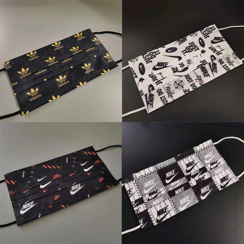 50PCS MASKER DISPOSABLE FACE MASK MOTIF BRAND SPORT OLAHRAGA NIKE ADIDAS BLACK COLOR EARLOOP 3PLY