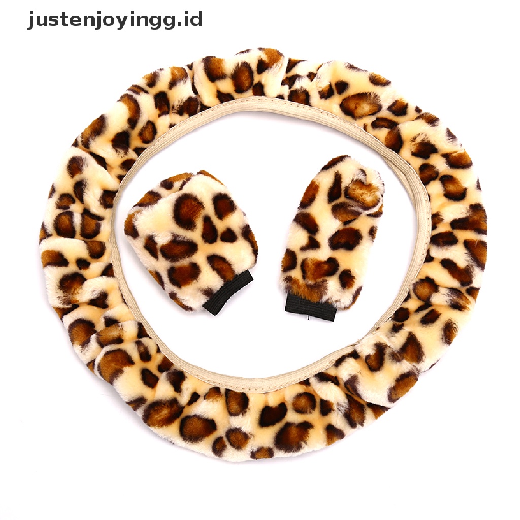 3pcs / Set Sarung Setir Mobil Motif Leopard Bahan Plush Untuk Musim Dingin