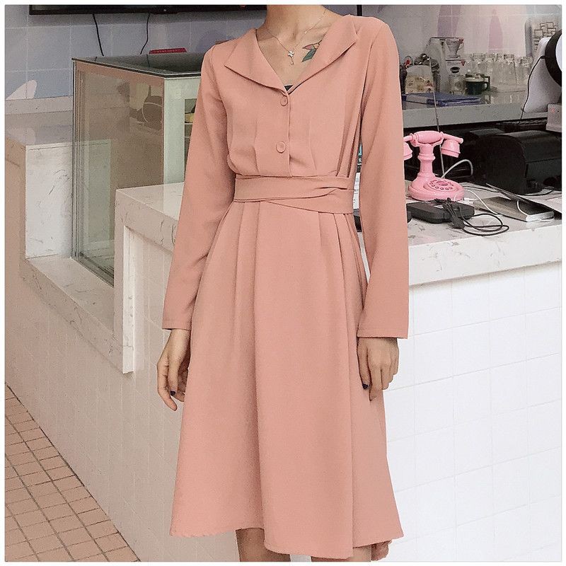 Casual Midi Dress Lengan Panjang Import - 31874 Pink Sweet Autumn Belt Dress