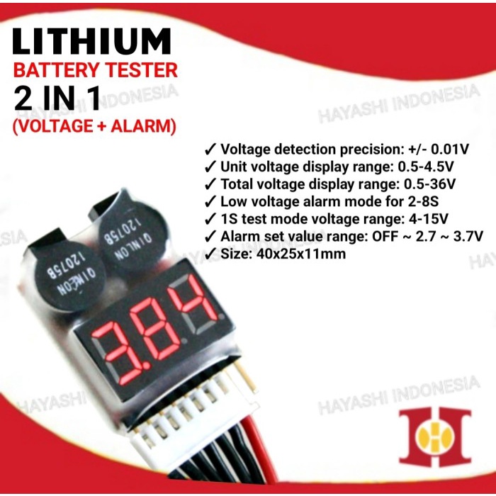 1-8S Lipo Battery Tester Low Voltage Buzzer Alarm Baterai Li-Po Volt