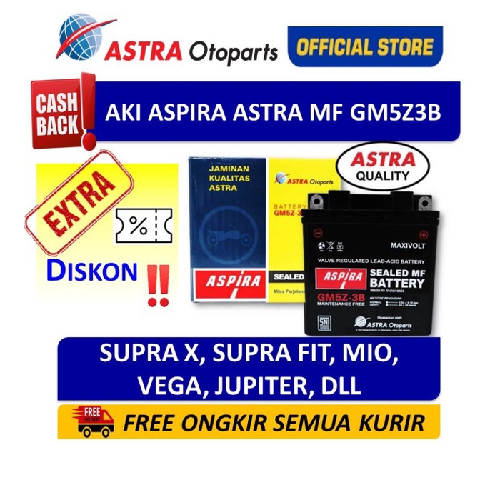 Aki ASPIRA GM5Z3B MF(5 Ah)-Aki Motor Supra,Mio,Jupiter Z,Tornado,Vega ORIGINAL Original