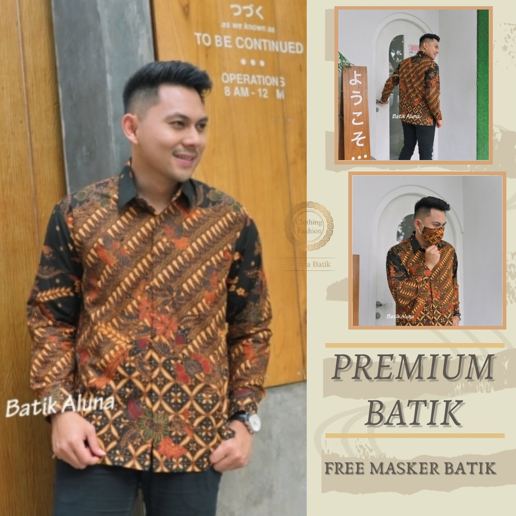 baju batik pria dewasa lengan panjang modern premium slim fit cowok ayah anak fre masker batik 096