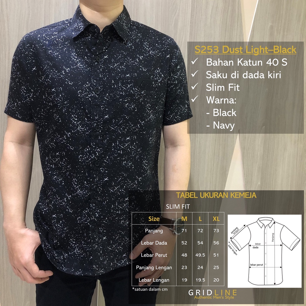 [GRIDLINE - S301 Script Art Black &amp; Navy - S253 Dust Light Navy &amp; Black] Kemeja Pria Lengan Pendek Slimfit Katun Motif Simple Keren Elegan M-XXL