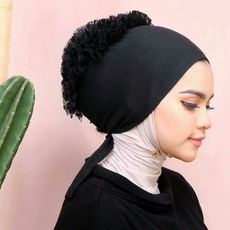 Inner Turki Hitam Inner Hijab Turki Cepol Renda Brukat Polos / Daleman Kerudung Ciput Cempol Inner T