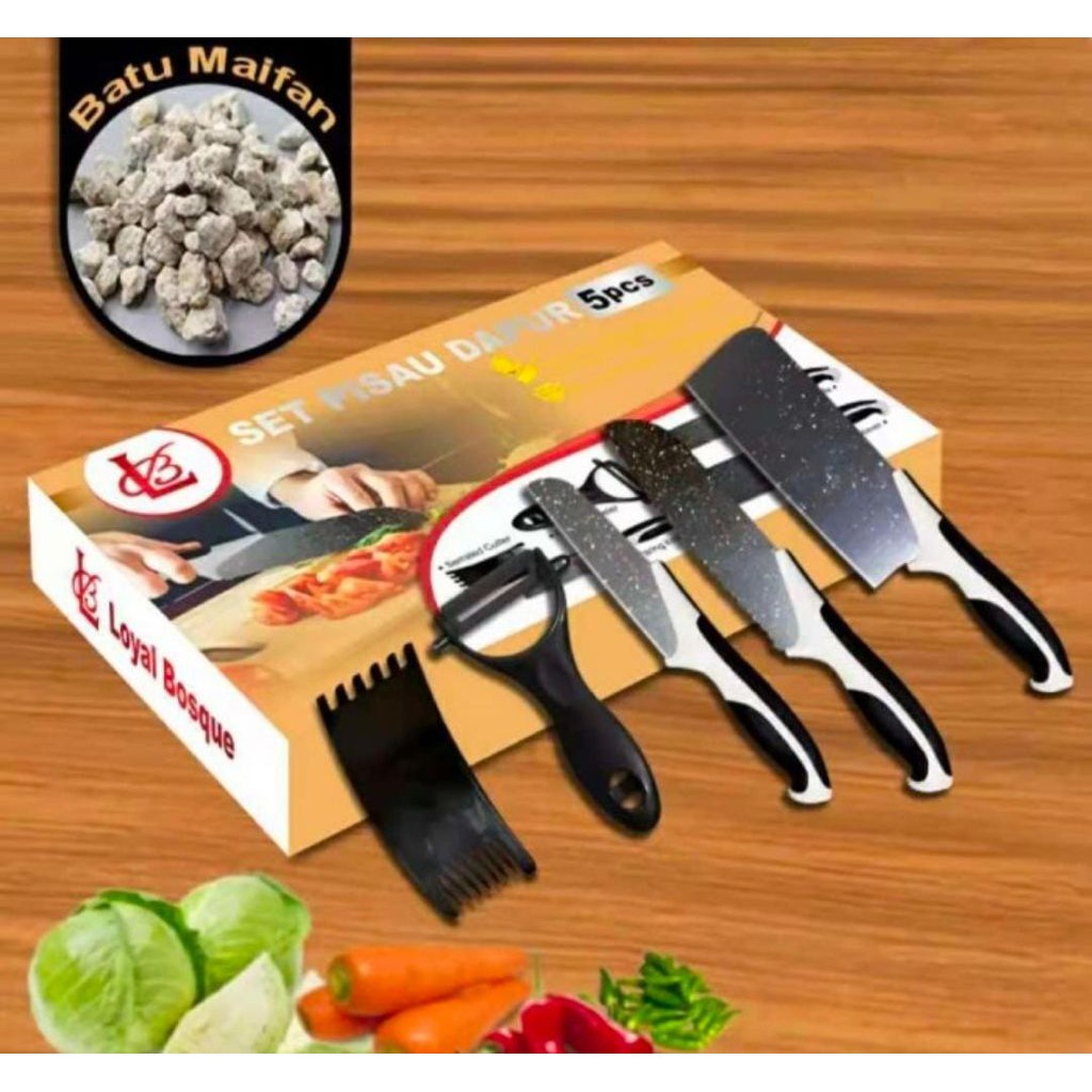 COD - ORIGINAL100% J13 - Set Pisau Hitam Batu Maifan Knife Set 5 Pcs 1 Ceramic Peeler Bahan Premium