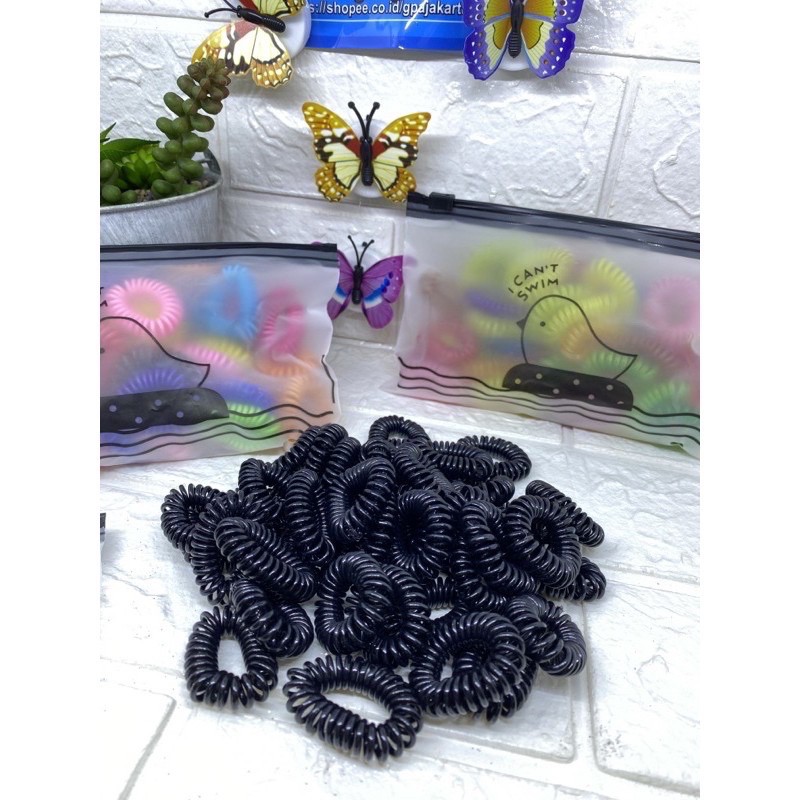 IKAT RAMBUT SPIRAL  (isi30pcs) KUNCIR KABEL TELEPON 4CM BERMOTIF KEMASAN ZIPPER GROSIR-Hitam
