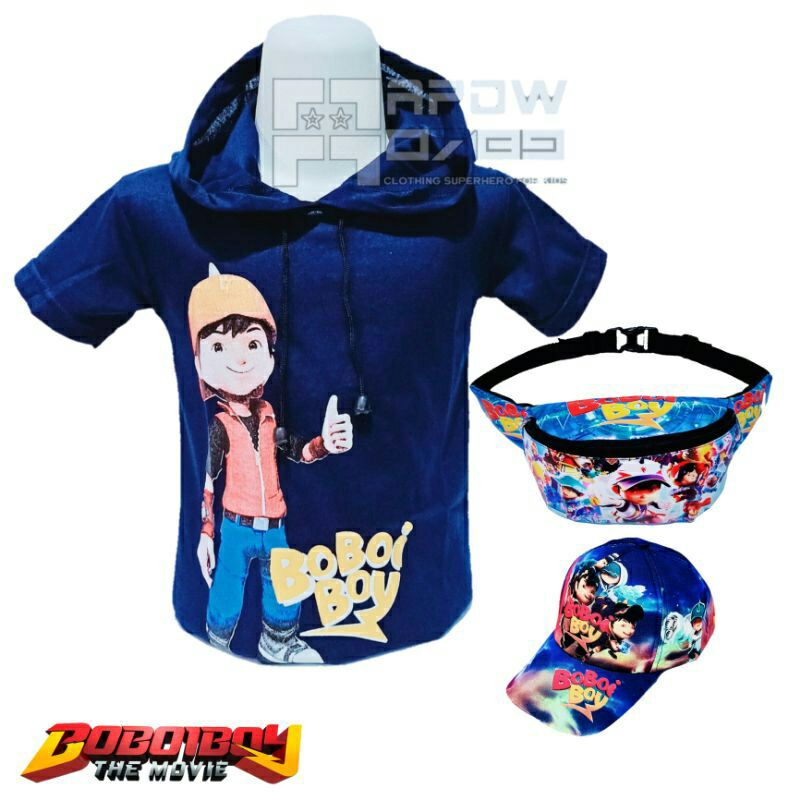 baju kaos anak usia 1-10 tahun kaos hoodie anak 3in1 tas anak tas pinggang waistbag  topi anak boboy