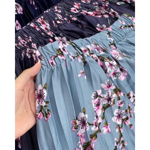 Rok Plisket Motif Bunga sakura Wanita Terbaru