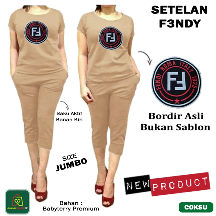 Setelan Kaos Hotpants Wanita F3NDY JUMBO Bordir Bahan Babyterry Premium Hot Pants 7/8 SIze XL - 09251