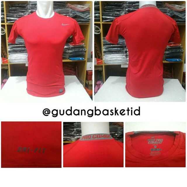 NPC Nike Pro Combat Shortsleeve Baju Ketat Pendek Baselayer Basket Olahraga Basket Gym Fitness Merah