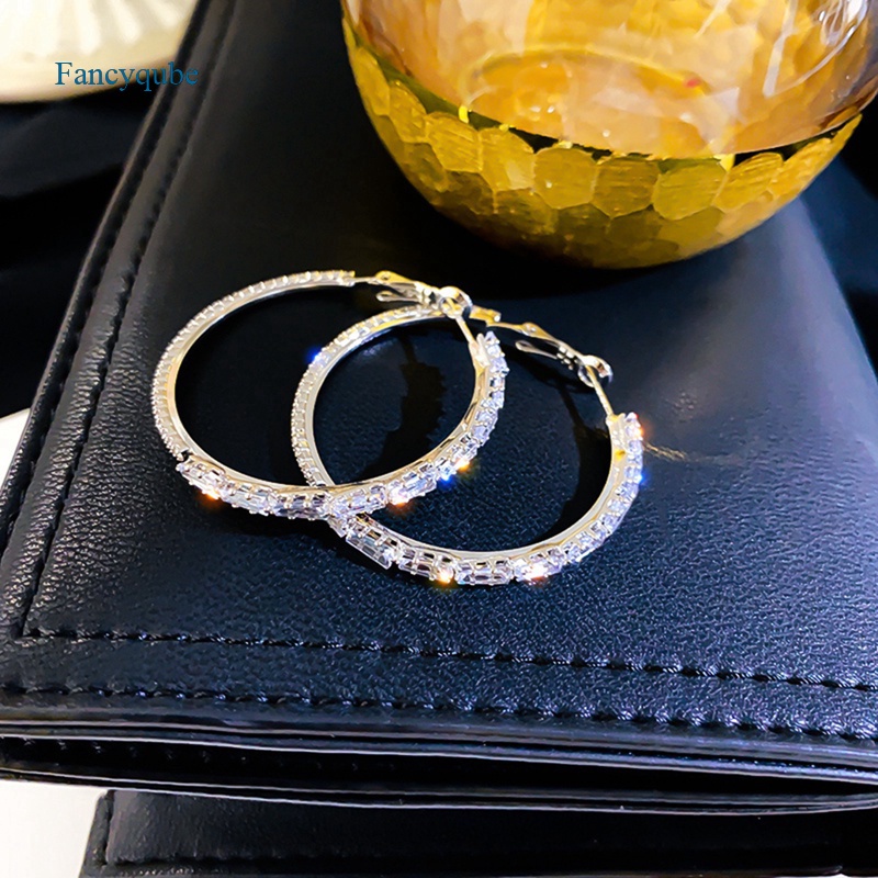 Fancyqube Sepasang / Set Anting Hoop 925 Silver Sapphire Putih Untuk Perhiasan Wanita