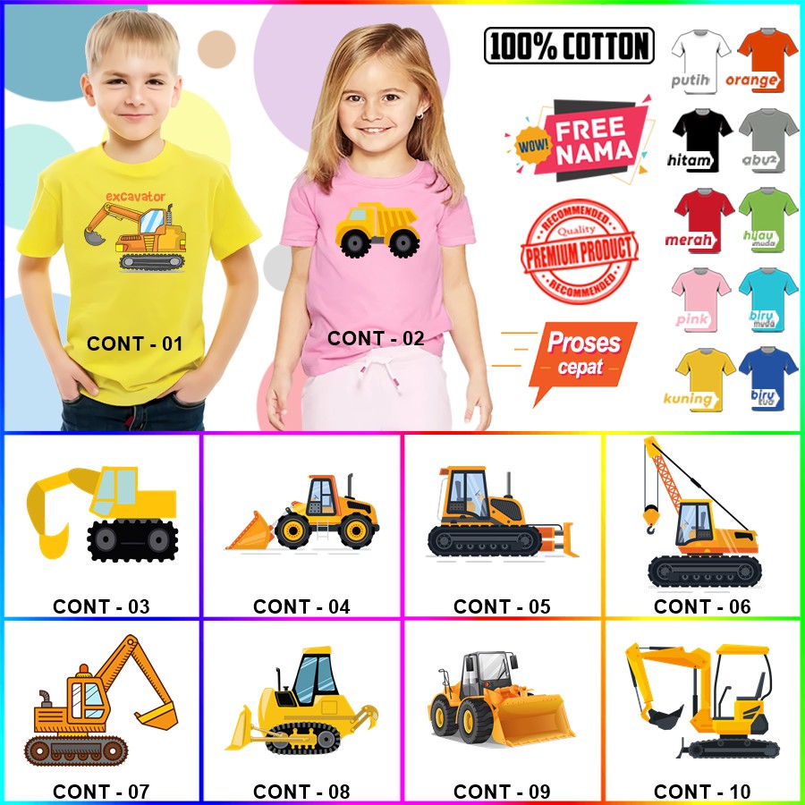 Kaos ulang tahun EXCAVATOR Baju ultah TRUCK TRAKTOR COUPLE  ANAK DAN DEWASA