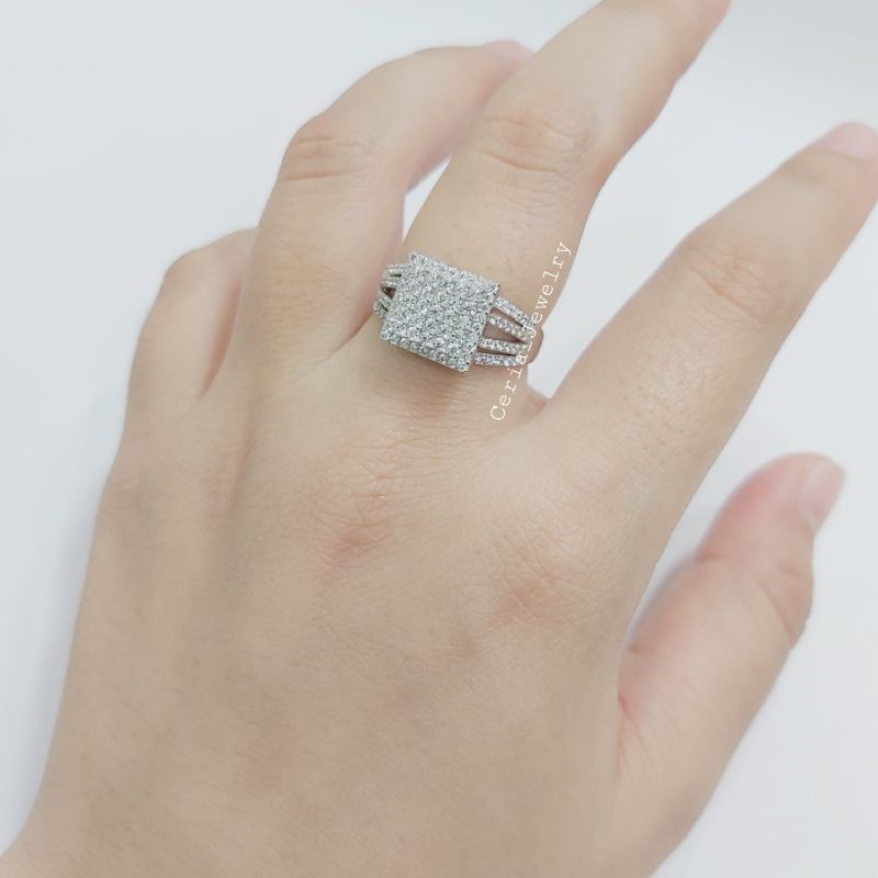 Cincin Perak Asli Silver 925 Lapis Emas Putih Model Kotak - Perhiasan Perak Wanita