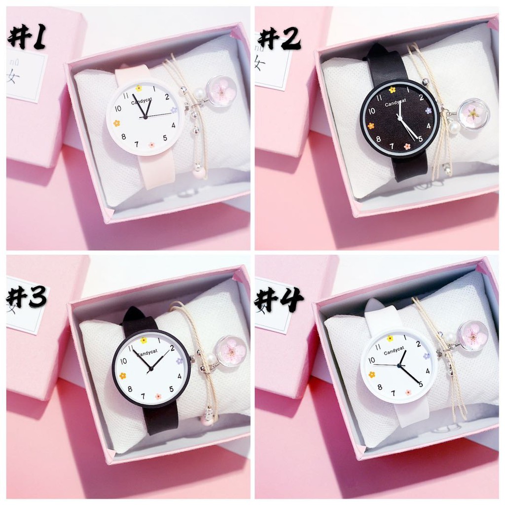 Jam Tangan Wanita Harajuku Bunga Korean Simple Casual / Jam Tangan CandyCat Bunga Gaya Korea Wanita