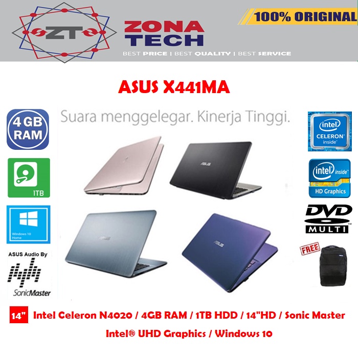 LAPTOP ASUS X441MA - INTEL N4020 - 4GB - 1TB - INTEL UHD - DVD ROOM - 14&quot; - WIN10 - RESMI