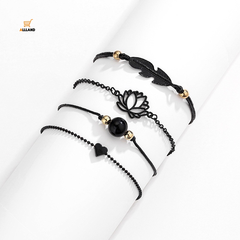 4pcs / Set Gelang Bangle Kombinasi Desain Daun Teratai / Hati / Mutiara Hitam Untuk Wanita