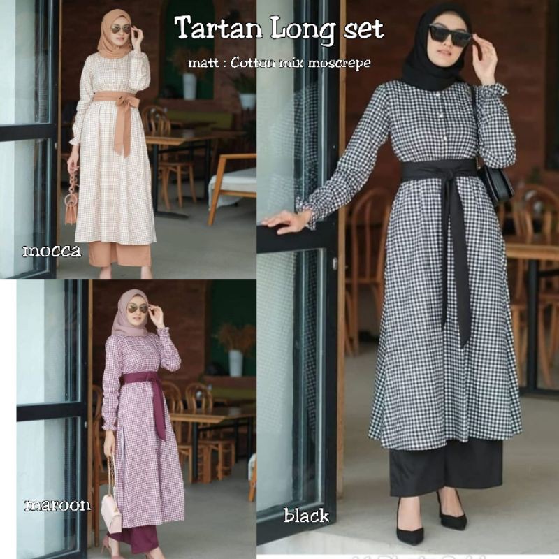 Tartan long set / Setelan celana dan long tunik / Fashion muslim terbaru