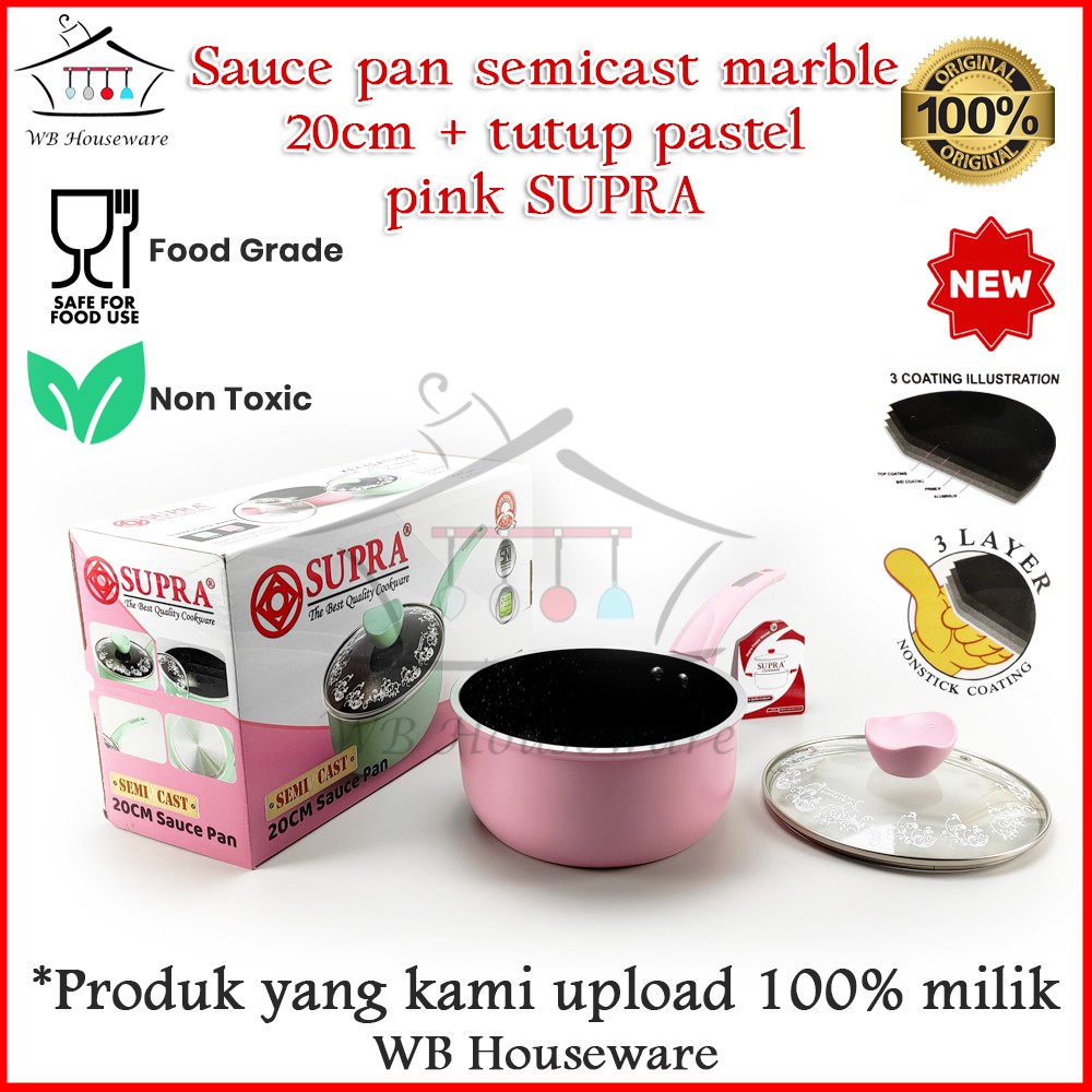 supra panci susu / sauce pan warna pastel Pink 20cm + tutup kaca / panci dalam