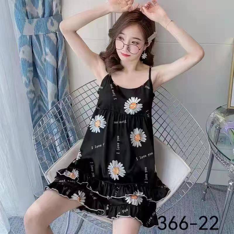 SET BAJU TIDUR WANITA + CELANA KARAKTER LUCU SATIN SNC-SNC HITAM ILY FLOWER