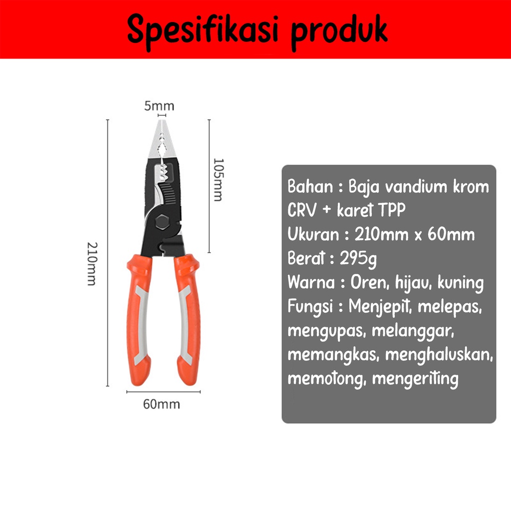 Stripping Cutter Clamp Tang Pemotong Kabel Listrik Multifungsi 9 in 1 Model Hidung Panjang