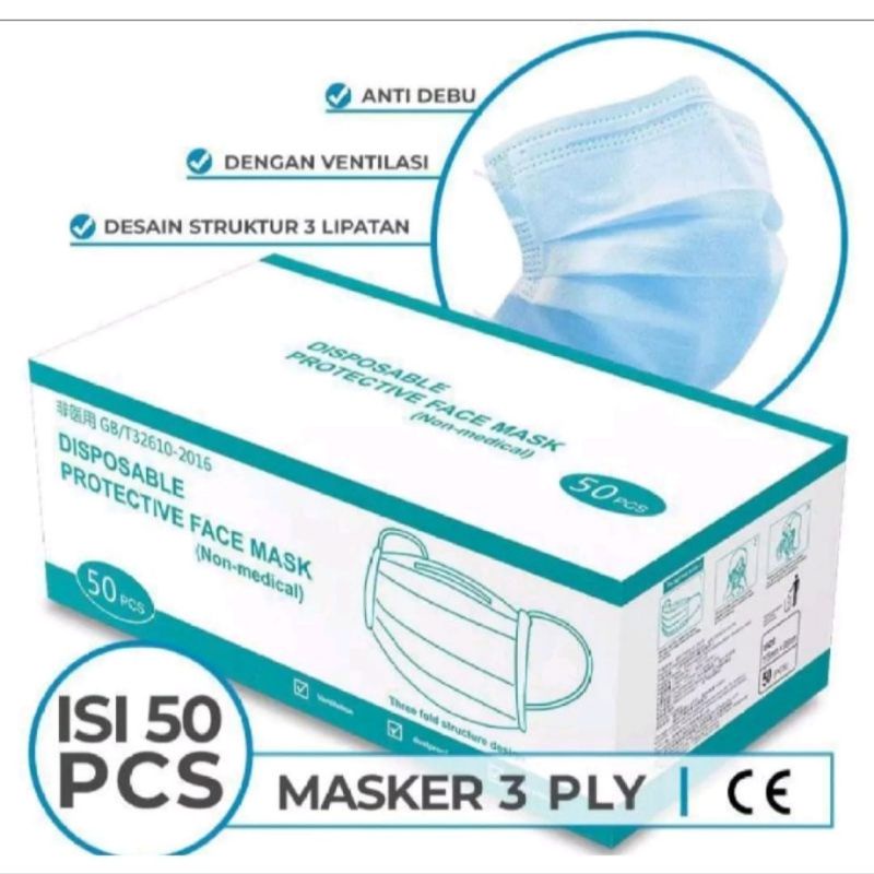 Masker Medis 3 Ply, Isi 50Pcs (1Box