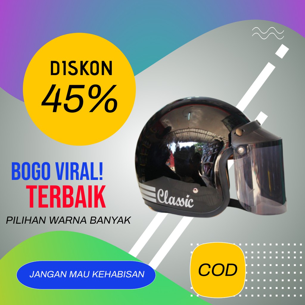 HELM BOGO CLASSIC STRIP KACA DATAR FLAT CEWE COWO DEWASA SNI RETRO POLOS ORIGINAL - LIS HITAM