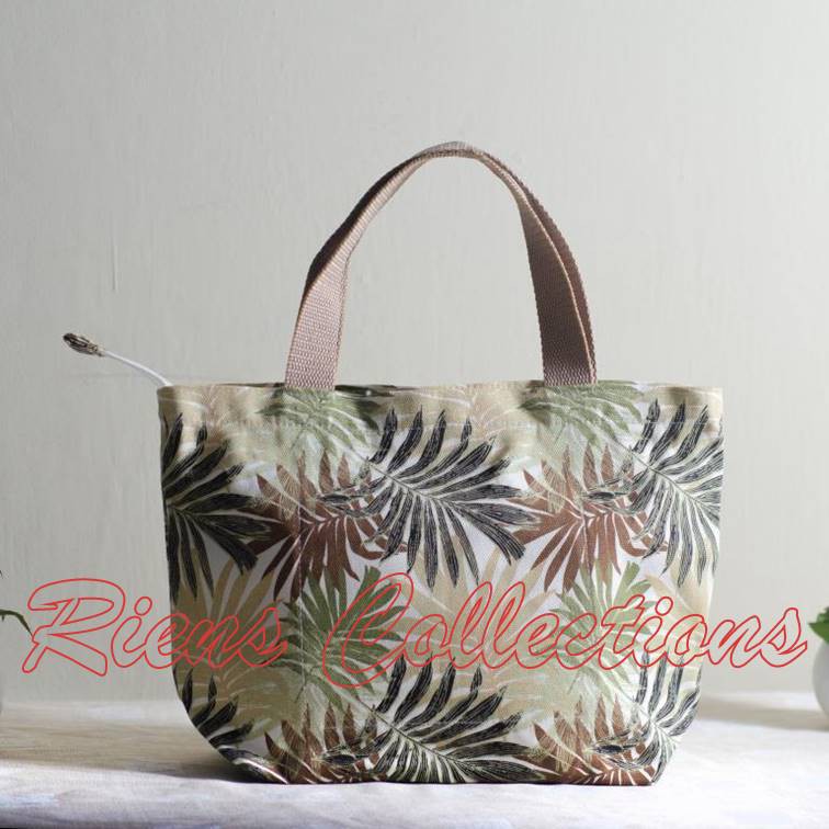 HANDBAG BESAR KANVAS MOTIF FLORAL PALM COKLAT. RIENS COLLECTIONS