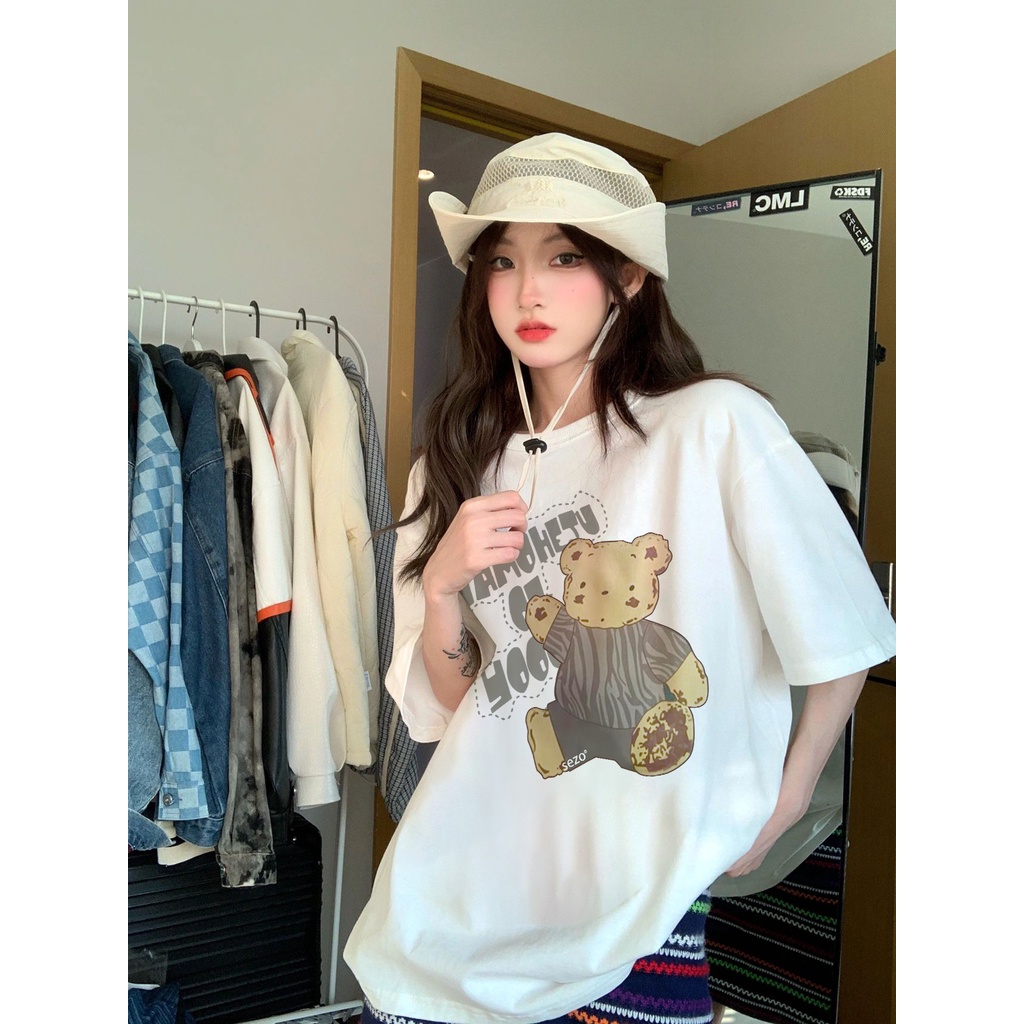 EUNII T-shirt Lengan Pendek Cetakan Beruang Longgar Korean Style/Kaos Atasan Wanita/Baju Kaus Oversize Wanita